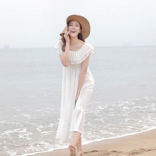 三亚海边度假沙滩裙雪纺一字，领露背露肩显瘦连衣裙，抹胸长裙纯色