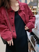 酒红色牛仔外套女春秋季欧货短款夹克，小个子卡腰上衣，bf风工装开衫