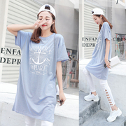 韩国版型设计纯棉条纹海军衫，夏季宽松长款休闲圆领短袖t恤衫女装