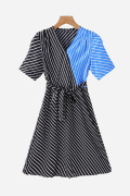 埃系列品牌撤柜2023夏季气质收腰显瘦V领撞色条纹连衣裙M6954