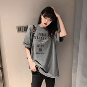 灰色短袖T恤女2023宽松大版中长版下衣失踪字母印花chic上衣