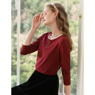 红色镂空钉珠设计蕾丝边领内搭打底衫上衣女，2024春季长袖t恤
