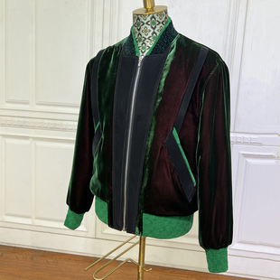 意大利变色醋酸丝绒荧光，绿短款外套男士，高级加厚修身薄棉衣夹克