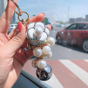 日韩镶钻山茶花朵水钻钥匙扣女包包挂件车用配件圈环珍珠礼物