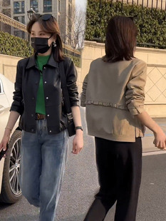 韩版翻领皮衣外套，女2023春秋小个子显瘦时尚，休闲百搭皮夹克潮