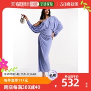 香港直邮潮奢 ASOS 女士设计露肩希腊式垂褶蓝色中长连衣裙(dusky