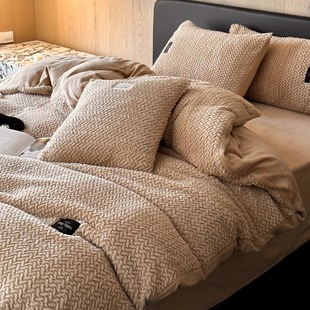 高端加厚兔毛提花牛奶绒四件套冬季超柔保暖珊瑚床单被套床上用品