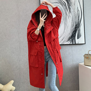 风衣女中长款春秋2021新款韩版宽松大码收腰显瘦加绒工装棉衣外套