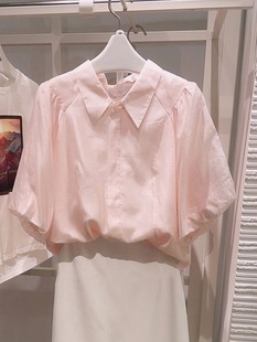 2023漂亮小衫别致绝美上衣法式粉色短袖衬衫女夏季设计感小众