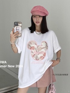 2024春季版卓娃zw卡通贴布刺绣，宽松t恤女韩范中长款情侣半袖上衣