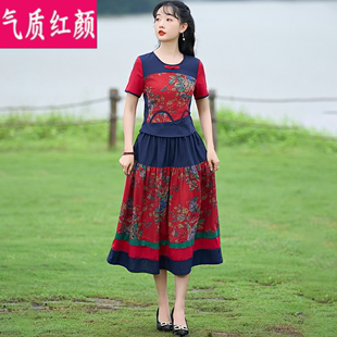 民族风夏装半身裙棉麻套装中国风复古女装中式唐装短袖上衣两件套