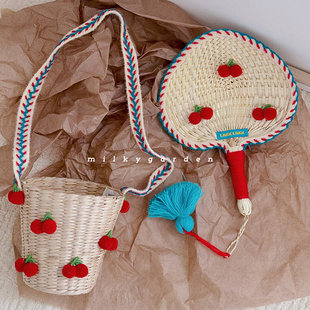 milky夏季手工复古编织樱桃儿童水桶包小清新可爱斜跨小包扇子
