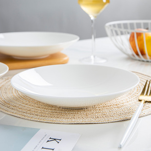 景德镇骨瓷纯白陶瓷，菜盘创意家用餐具简约中式菜碟，圆形碟子深盘子
