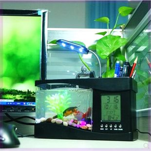 迷你鱼缸养鱼神器水族箱家用小型桌面摆件台灯多功能LED时钟闹钟