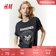 HM女装T恤米奇老鼠图案夏季内搭短袖宽松圆领棉质上衣0762470