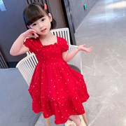 女童夏季大红色连衣裙儿童中长款裙子，1岁女宝宝洋气雪纺纱公主裙2