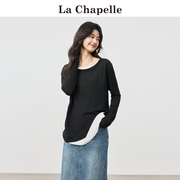 拉夏贝尔/La Chapelle秋季假两件时尚宽松长袖圆领套头打底针织衫