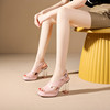 白色粉红色夏季水晶跟粗跟高跟凉鞋女防水台全皮真皮女鞋 YT