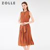 zolle因为夏季无袖v领显瘦假两件连衣裙纯色，气质女式衬衫裙