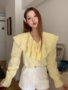韩国chic春季温柔洋气显白蕾丝花边拼接双层大翻领长袖衬衫女