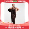 香港直邮潮奢curve女士设计天鹅绒单肩垂褶中长铁锈色，铅笔连衣