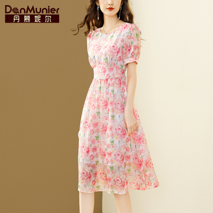 丹慕妮尔法式优雅印花连衣裙女夏季短袖气质高腰雪纺裙子