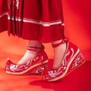 秀禾鞋婚鞋中式新娘，绣花单鞋内增高坡跟汉服，鞋子女古风红色结婚鞋