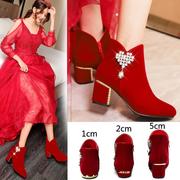 冬季婚鞋女2023红色高跟鞋，粗跟结婚秀禾服婚纱，两穿中跟新娘鞋