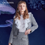 vjcolivia2023秋冬法式荷叶，领外套撞色短款修身长袖女装