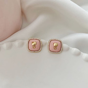 几何方形轻奢高级感珍珠耳环女小众设计感粉色郁金香耳饰耳饰耳钉