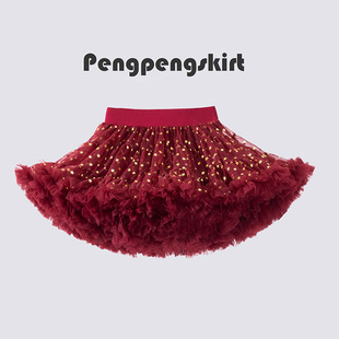 法国女童tutu裙秋冬季洋气宝宝，公主蓬蓬裙半身红色，兔兔裙新年套装