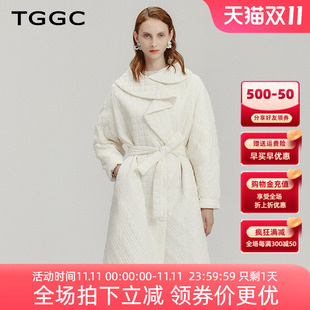 台绣棉服女士2023年冬季新中长款棉衣外套翻领蓬松轻盈系带设计感