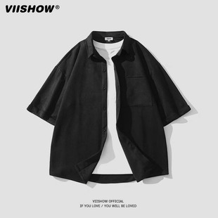 viishow日系复古麂皮绒短袖衬衫，男士夏季日系宽松学生衬衣cd01232