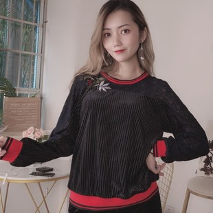 台湾品牌高端T恤女装灯芯绒蕾丝镂空上衣春秋82228A