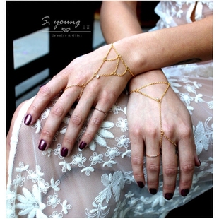 美国设计师款14k包金s925锆石珍珠手背链手链戒指一体链新娘婚纱
