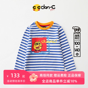 clan-c韩版潮牌男童海军风横条圆领长袖全棉舒适条纹卡通T恤上衣