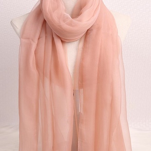 纯色丝巾裸粉色桑蚕丝，长款女秋真丝围巾，春季轻薄透气防晒纱巾围脖