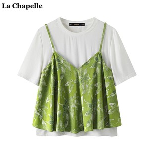 拉夏贝尔/La Chapelle春夏v领碎花小吊带纯色短袖T恤两件套女