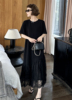 欧洲站2024夏季高端定制法式蕾丝拼接圆领，短袖连衣裙女小黑裙