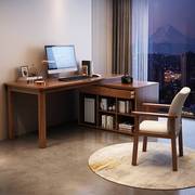 定制实木书桌书柜组合简约电脑桌，办公桌家用连体，可伸缩转角双人写