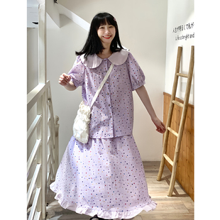 小雨良品日系紫色娃娃，领短袖衬衫半身裙套装女夏季法式甜美上衣