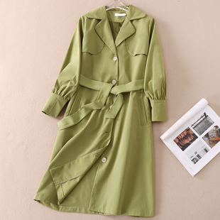早春显白气质果绿 中长款西装领风衣女 法式优雅宽松外套 薄 C492