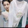 新中式刺绣v领长袖雪纺衬衫，女春季2024春款国风复古女士小衫