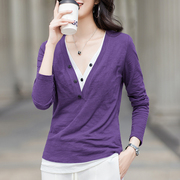 紫色长袖t恤女纯棉春季2024宽松大码短款v领假两件上衣打底衫