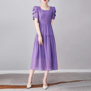 紫色纱料连衣裙子，2024女夏气质(夏气质)品牌，雪纺高端精致高档裙子