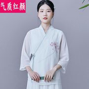 中国风禅意女装复古中式手绘茶服改良交领汉服雪纺上衣唐装女套装