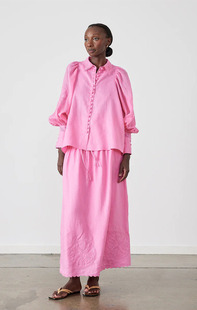 澳洲jos*lin粉色复古印花刺绣，亚麻气质长袖衬衫+高腰半身裙长裙女