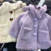 小童装女童米白色紫色仿羊羔毛加厚一体绒中长款连帽大衣外套