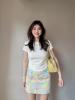 大码胖mm套装女夏季白色短袖T恤晕染碎花半身裙A字包臀裙两件套潮