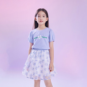 安奈儿女童装圆领短袖T恤衫2023夏季花朵学生洋气半袖上衣